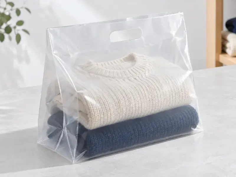 厚手の衣類を入れたポリ袋のマチを確認するイメージ