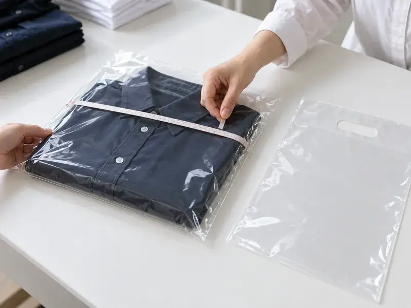 畳んだ衣類の寸法を測ってポリ袋のサイズを検討するイメージ