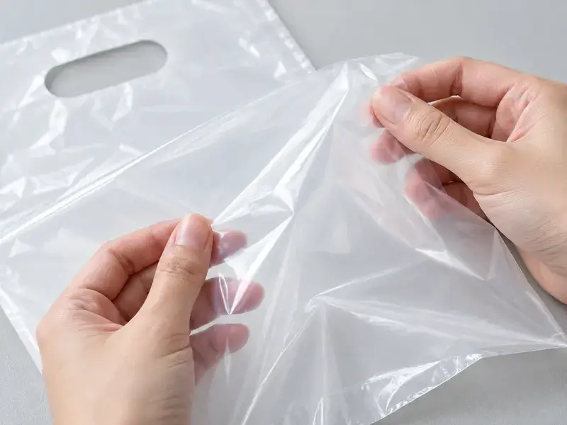 柔らかなポリエチレンフィルムの手触りを確かめるイメージ