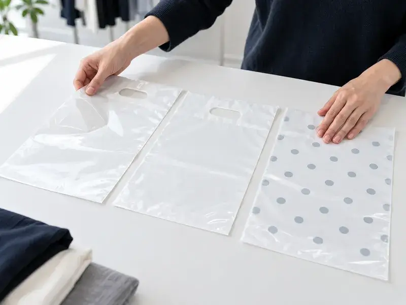 既存のポリ袋見本と印刷を確認する袋を見比べるイメージ