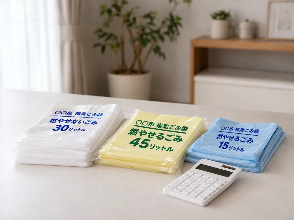 ○○市の表示を入れた自治体指定ごみ袋と計算機のイメージ