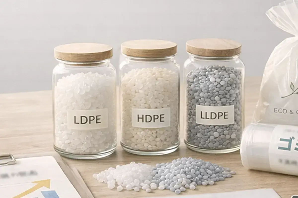 ポリ袋の原料となるポリエチレン（LDPE・HDPE・LLDPE）ペレットのイメージ