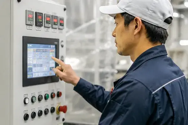 製造インフレオペレーター ポリエチレンフィルム製造 工場作業風景 清水化学工業